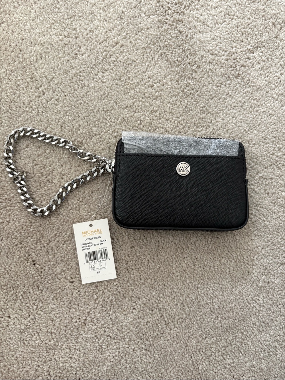 Michael Kors Black Saffiano Leather Chain Card Wristlet NWT
